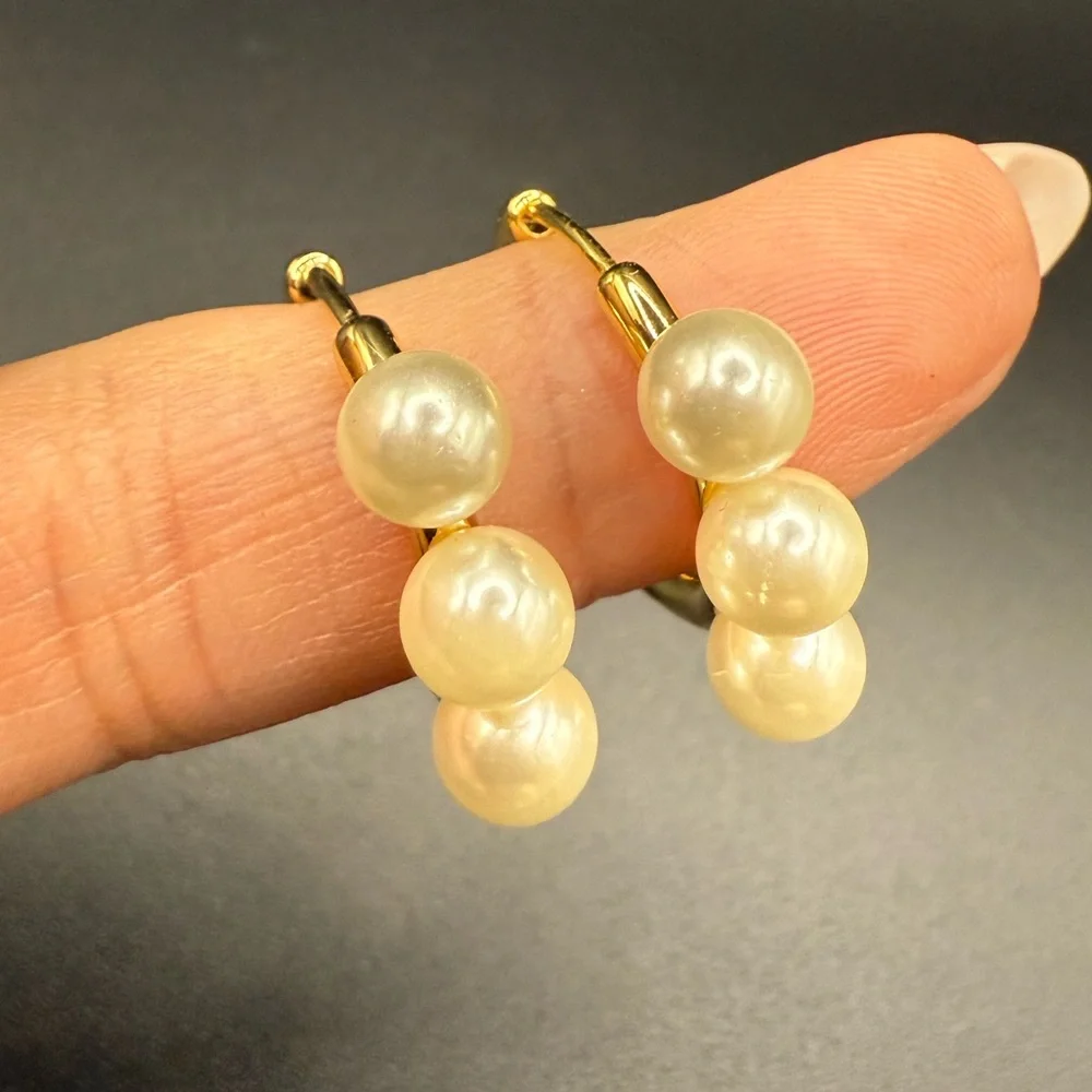 Gold Tone and Cream Faux Pearl Hoop Earrings - Picture 1 of 3